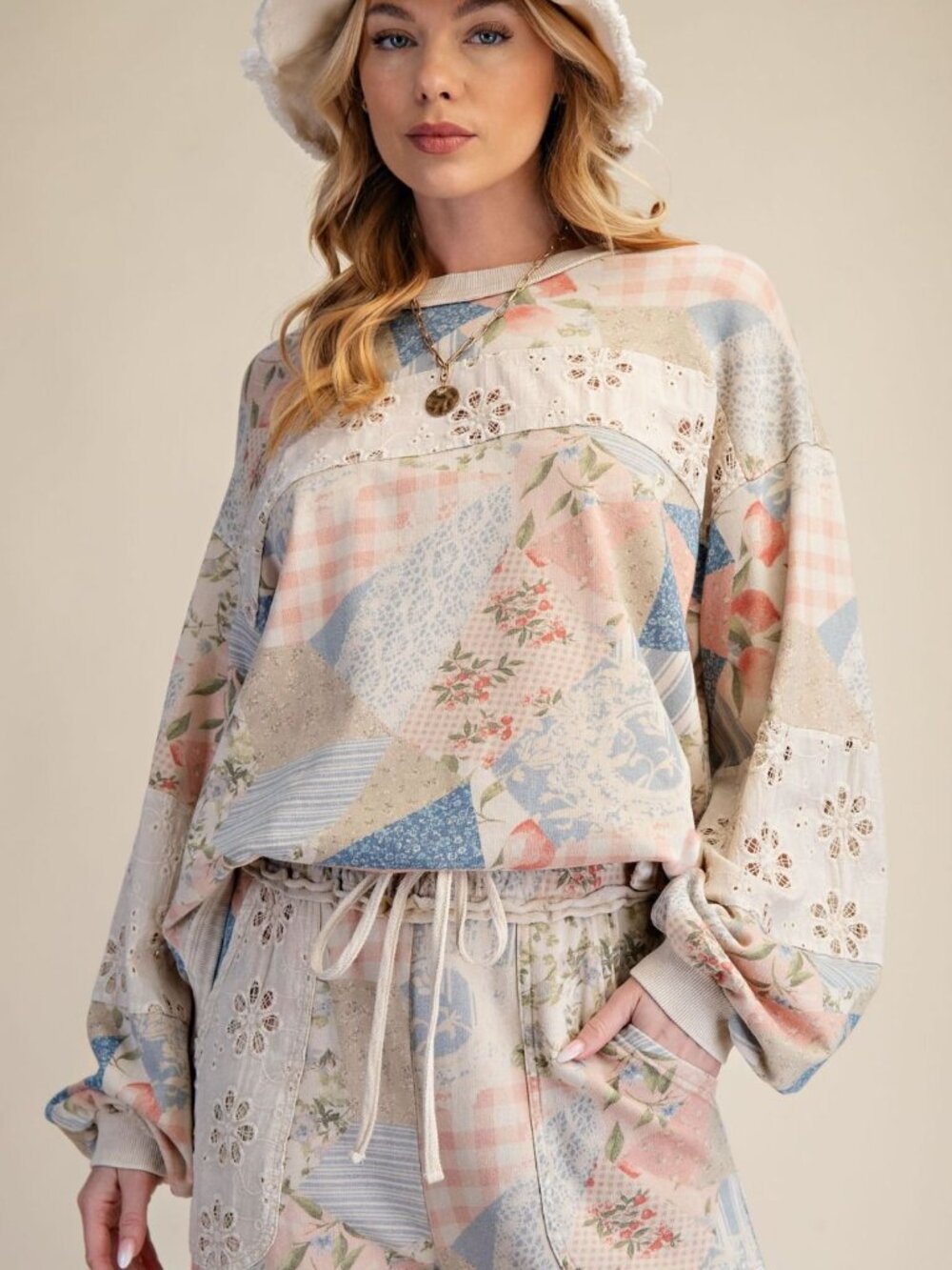 EASEL PATCHWORK PRINT WASHED COTTON TERRY TOP PANTS SET white blue pink lounge - Picture 3 of 9